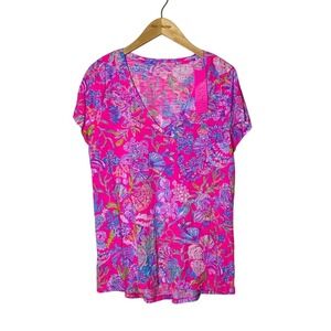 New LILLY PULITZER Large Pink Isle Shell Me Something Good Etta V-Neck Tee Shirt
